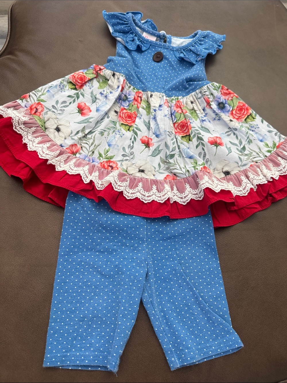 Blue Polka Dot & Floral Ruffle Girls Matching Set